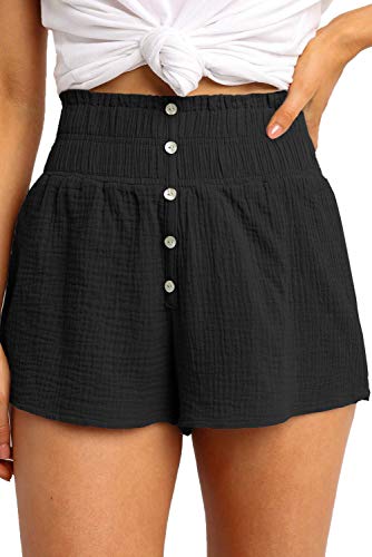 Minetom Damen Shorts Sommer Kurze Hose Hohe Taille Stretch Sommerhose Hotpants Strand Unifarben Freizeithose B Schwarz Medium von Minetom