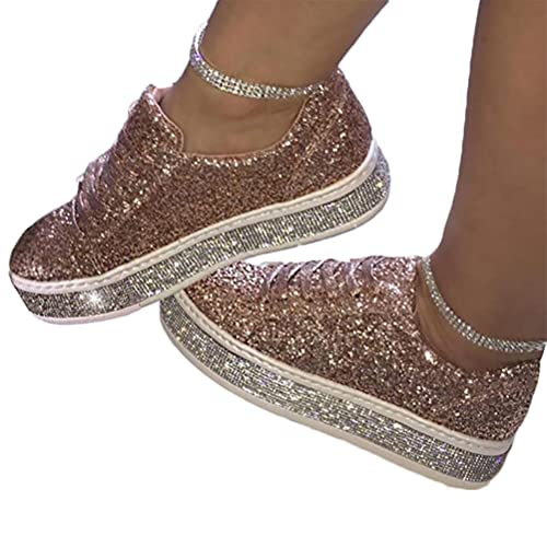 Minetom Damen Sneakers Pailletten Flache Low Sneaker Atmungsaktiv Glitzer Turnschuhe Outdoor Sportschuhe Laufschuhe Schuhe Schnürsenkel Walkingschuhe B Gold 41 EU von Minetom