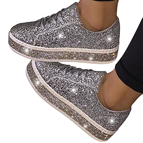 Minetom Damen Sneakers Pailletten Flache Low Sneaker Atmungsaktiv Glitzer Turnschuhe Outdoor Sportschuhe Laufschuhe Schuhe Schnürsenkel Walkingschuhe B Silber 43 EU von Minetom