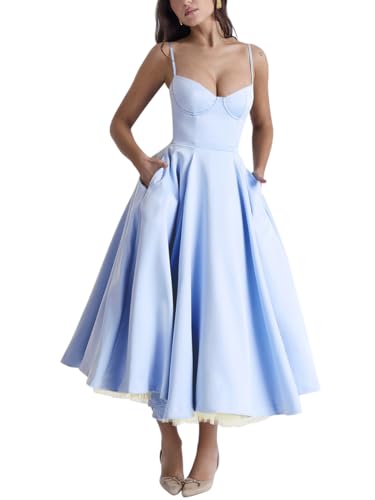 Minetom Damen Sommer Ärmellos Spaghettiträger Boho Blumen Lang Kleid Ärmellose Korsett Bustier Midi Cocktailkleid Prinzessin Brautjungfer Kleid A Blau XL von Minetom