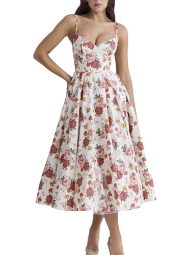 Minetom Damen Sommer Ärmellos Spaghettiträger Boho Blumen Lang Kleid Ärmellose Korsett Bustier Midi Cocktailkleid Prinzessin Brautjungfer Kleid A Blumen XL von Minetom