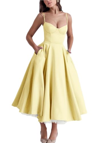 Minetom Damen Sommer Ärmellos Spaghettiträger Boho Blumen Lang Kleid Ärmellose Korsett Bustier Midi Cocktailkleid Prinzessin Brautjungfer Kleid A Gelb M von Minetom