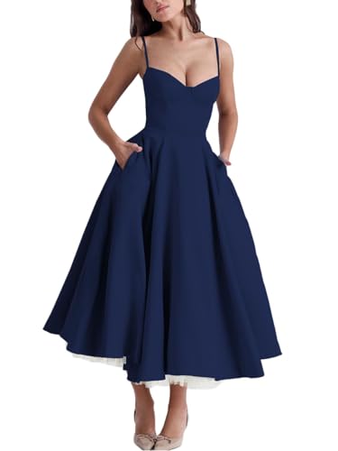 Minetom Damen Sommer Ärmellos Spaghettiträger Boho Blumen Lang Kleid Ärmellose Korsett Bustier Midi Cocktailkleid Prinzessin Brautjungfer Kleid A Marine L von Minetom