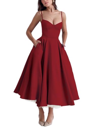 Minetom Damen Sommer Ärmellos Spaghettiträger Boho Blumen Lang Kleid Ärmellose Korsett Bustier Midi Cocktailkleid Prinzessin Brautjungfer Kleid A Rot XS von Minetom