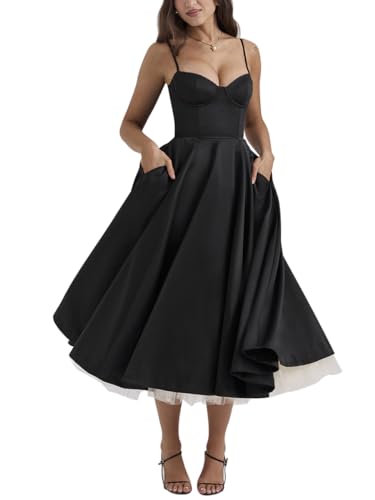 Minetom Damen Sommer Ärmellos Spaghettiträger Boho Blumen Lang Kleid Ärmellose Korsett Bustier Midi Cocktailkleid Prinzessin Brautjungfer Kleid A Schwarz XL von Minetom
