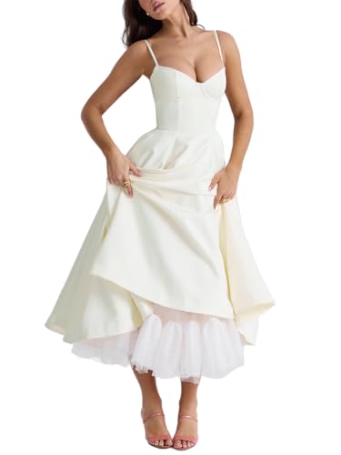 Minetom Damen Sommer Ärmellos Spaghettiträger Boho Blumen Lang Kleid Ärmellose Korsett Bustier Midi Cocktailkleid Prinzessin Brautjungfer Kleid A Weiß M von Minetom