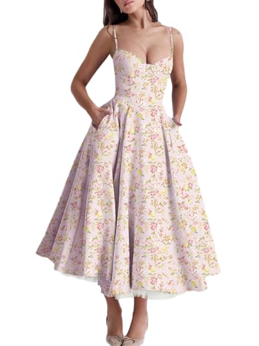 Minetom Damen Sommer Ärmellos Spaghettiträger Boho Blumen Lang Kleid Ärmellose Korsett Bustier Midi Cocktailkleid Prinzessin Brautjungfer Kleid A1 Blumen 02 L von Minetom