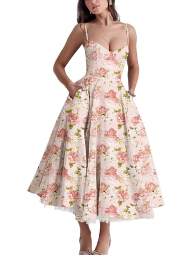 Minetom Damen Sommer Ärmellos Spaghettiträger Boho Blumen Lang Kleid Ärmellose Korsett Bustier Midi Cocktailkleid Prinzessin Brautjungfer Kleid A1 Blumen 03 M von Minetom