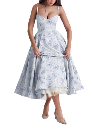 Minetom Damen Sommer Ärmellos Spaghettiträger Boho Blumen Lang Kleid Ärmellose Korsett Bustier Midi Cocktailkleid Prinzessin Brautjungfer Kleid A1 Blumen 04 XL von Minetom