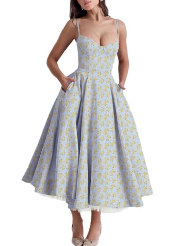 Minetom Damen Sommer Ärmellos Spaghettiträger Boho Blumen Lang Kleid Ärmellose Korsett Bustier Midi Cocktailkleid Prinzessin Brautjungfer Kleid A1 Blumen 05 M von Minetom