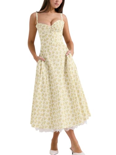 Minetom Damen Sommer Ärmellos Spaghettiträger Boho Blumen Lang Kleid Ärmellose Korsett Bustier Midi Cocktailkleid Prinzessin Brautjungfer Kleid B1 Gelb L von Minetom
