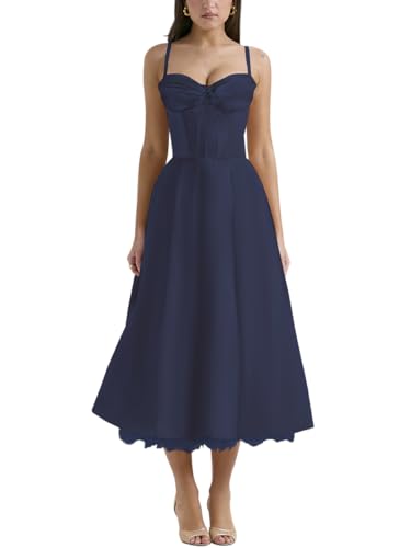 Minetom Damen Sommer Ärmellos Spaghettiträger Boho Blumen Lang Kleid Ärmellose Korsett Bustier Midi Cocktailkleid Prinzessin Brautjungfer Kleid B1 Marine XL von Minetom
