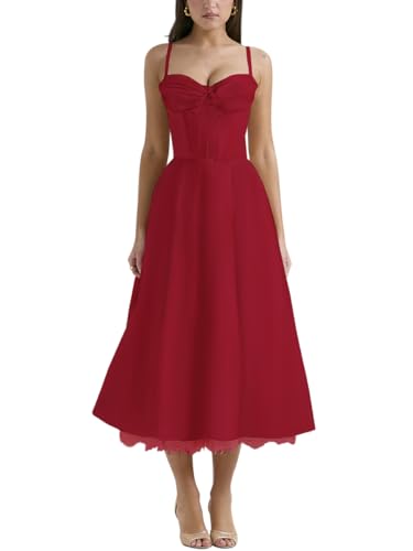 Minetom Damen Sommer Ärmellos Spaghettiträger Boho Blumen Lang Kleid Ärmellose Korsett Bustier Midi Cocktailkleid Prinzessin Brautjungfer Kleid B1 Rot XS von Minetom