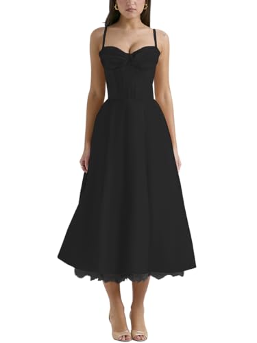 Minetom Damen Sommer Ärmellos Spaghettiträger Boho Blumen Lang Kleid Ärmellose Korsett Bustier Midi Cocktailkleid Prinzessin Brautjungfer Kleid B1 Schwarz L von Minetom