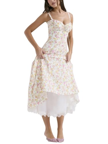 Minetom Damen Sommer Ärmellos Spaghettiträger Boho Blumen Lang Kleid Ärmellose Korsett Bustier Midi Cocktailkleid Prinzessin Brautjungfer Kleid B2 Blumen 01 M von Minetom