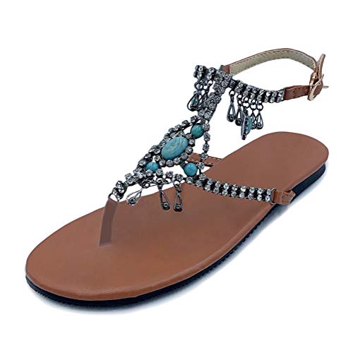 Minetom Damen Sommer Böhmen Flache Badesandale Sandalen Boho Peep Toe Flip Flop Zehentrenner Schuhe Frauen Wulstige Übergröße Sommerschuhe Strandschuhe Pantoletten (Braun, Numeric_40) von Minetom