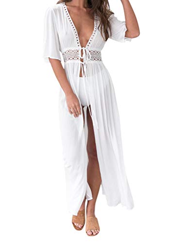 Minetom Damen Sommer Boho Kimono Lang Strand Cardigan Leichte Strickjacke Beachwear Bikini Cover Up Spitze Maxi Strandkleid B Weiß L von Minetom