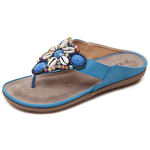 Minetom Damen Sommer Boho Rhinestones Blumen T-Strap Flip Flop Zehentrenner Perlen Strass Pantoffeln Sandalen Flache Schuhe Strand Hausschuhe Blau EU 41 von Minetom