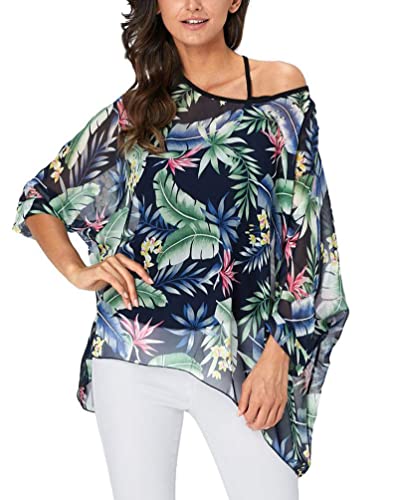 Minetom Damen Sommer Chiffon Bluse Strand Beiläufige T Shirt Lose Hemd Oversize Oberteile Tuniken Tops Strandponcho Bikini Cover Up Stil 21 Einheitsgröße von Minetom
