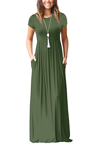 Minetom Damen Sommer Elegant Kurzarm Rundhals Lange T-Shirt Maxi Kleid Mit Taschen Herbst Lässig A-Linie Abendkleider Cocktailkleid Ballkleid 01 Armeegrün DE 44 von Minetom