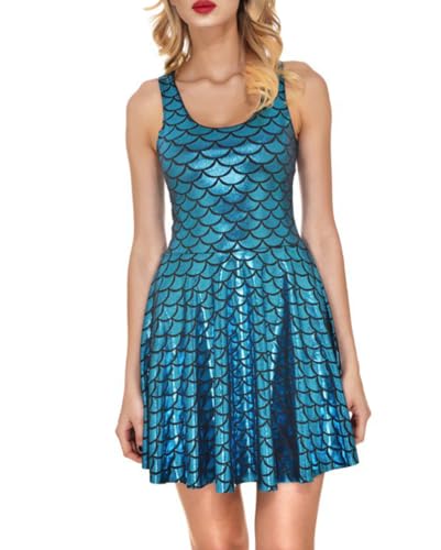 Minetom Damen Sommer Fischschuppe Glänzend Kurze Kleider A-Linie Mini Kleid Strandkleid Frauen Druck Club Partykleid Karneval Kleid A Blau XXL von Minetom