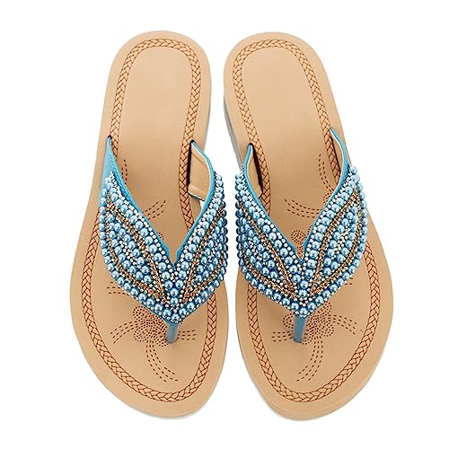 Minetom Damen Sommer Glitzer Perlen Sandalen Flip Flops Strand Flach T-Strap Zehentrenner Frauen Sommerschuhe Rutschfeste Bequeme Pantoffeln Hausschuhe A Blau 38 EU von Minetom