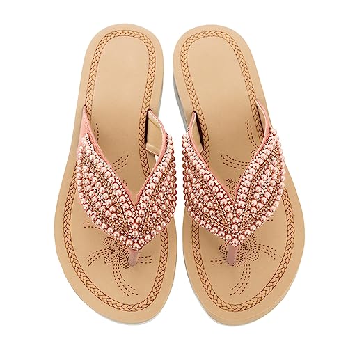 Minetom Damen Sommer Glitzer Perlen Sandalen Flip Flops Strand Flach T-Strap Zehentrenner Frauen Sommerschuhe Rutschfeste Bequeme Pantoffeln Hausschuhe A Rosa 40 EU von Minetom