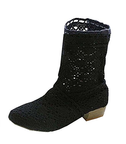 Minetom Damen Sommer Herbst Mid-calf Boots Durchbohrt Stiefel Süße Hohl Spitze Chunky Ferse Stiefeletten Sommerstiefel Schwarz EU 37 von Minetom