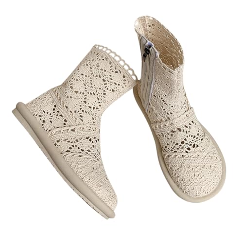 Minetom Damen Sommer Herbst Stiefel Hohl Spitze Boots Reißverschluss Hollow Out Flache Stiefeletten Sommerstiefel A Beige 36 EU von Minetom