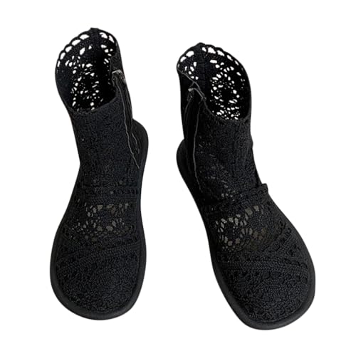 Minetom Damen Sommer Herbst Stiefel Hohl Spitze Boots Reißverschluss Hollow Out Flache Stiefeletten Sommerstiefel A Schwarz 39 EU von Minetom