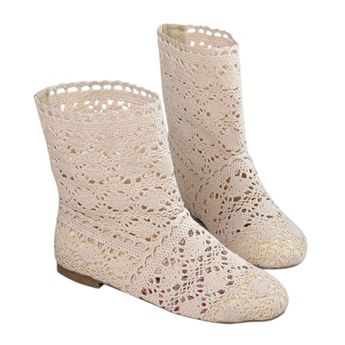 Minetom Damen Sommer Herbst Stiefel Hohl Spitze Boots Reißverschluss Hollow Out Flache Stiefeletten Sommerstiefel B1 Beige 40 EU von Minetom