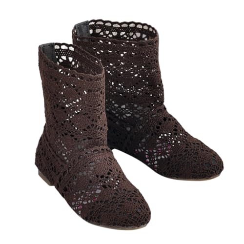 Minetom Damen Sommer Herbst Stiefel Hohl Spitze Boots Reißverschluss Hollow Out Flache Stiefeletten Sommerstiefel B1 Braun 40 EU von Minetom