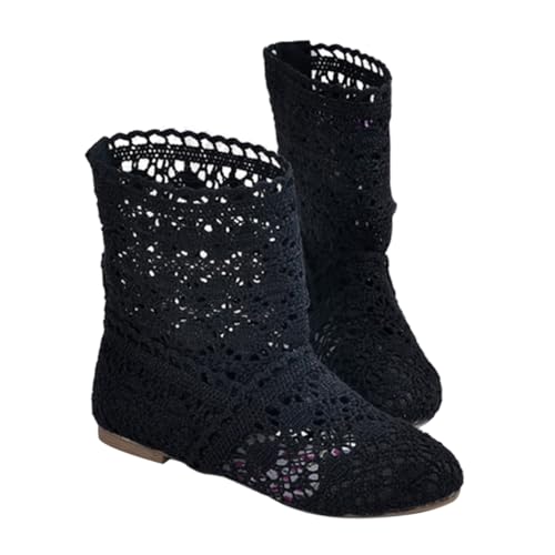 Minetom Damen Sommer Herbst Stiefel Hohl Spitze Boots Reißverschluss Hollow Out Flache Stiefeletten Sommerstiefel B1 Schwarz 39 EU von Minetom