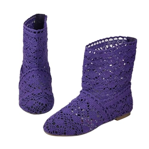Minetom Damen Sommer Herbst Stiefel Hohl Spitze Boots Reißverschluss Hollow Out Flache Stiefeletten Sommerstiefel B1 Violett 40 EU von Minetom