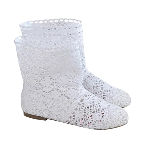 Minetom Damen Sommer Herbst Stiefel Hohl Spitze Boots Reißverschluss Hollow Out Flache Stiefeletten Sommerstiefel B1 Weiß 40 EU von Minetom