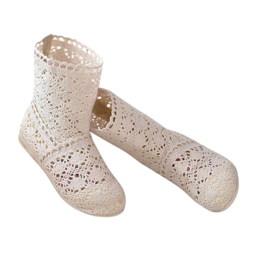 Minetom Damen Sommer Herbst Stiefel Hohl Spitze Boots Reißverschluss Hollow Out Flache Stiefeletten Sommerstiefel B2 Beige 40 EU von Minetom