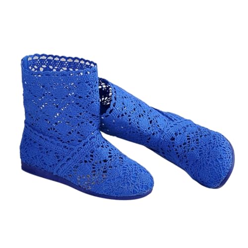 Minetom Damen Sommer Herbst Stiefel Hohl Spitze Boots Reißverschluss Hollow Out Flache Stiefeletten Sommerstiefel B2 Blau 40 EU von Minetom