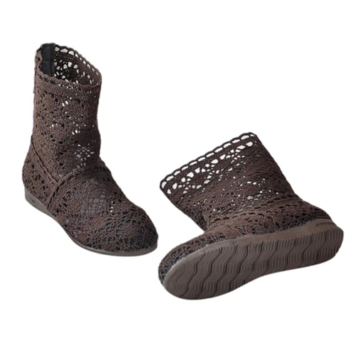 Minetom Damen Sommer Herbst Stiefel Hohl Spitze Boots Reißverschluss Hollow Out Flache Stiefeletten Sommerstiefel B2 Braun 38 EU von Minetom