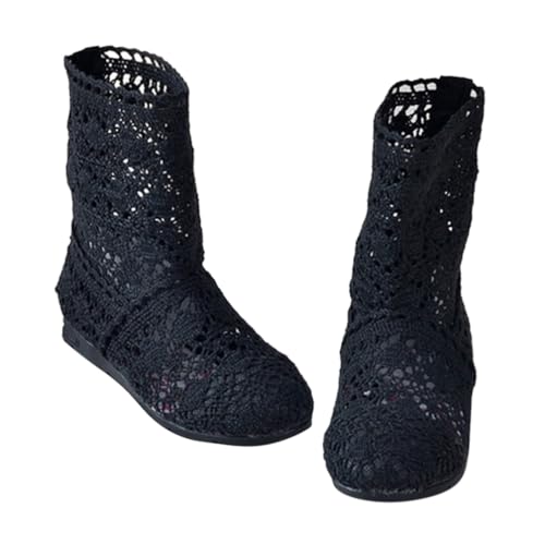 Minetom Damen Sommer Herbst Stiefel Hohl Spitze Boots Reißverschluss Hollow Out Flache Stiefeletten Sommerstiefel B2 Schwarz 41 EU von Minetom