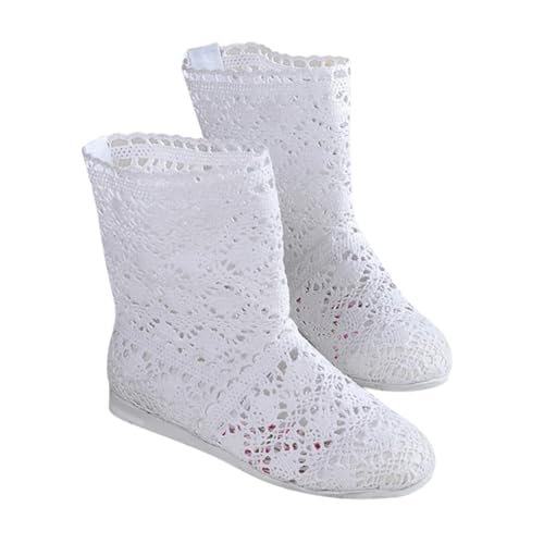 Minetom Damen Sommer Herbst Stiefel Hohl Spitze Boots Reißverschluss Hollow Out Flache Stiefeletten Sommerstiefel B2 Weiß 37 EU von Minetom