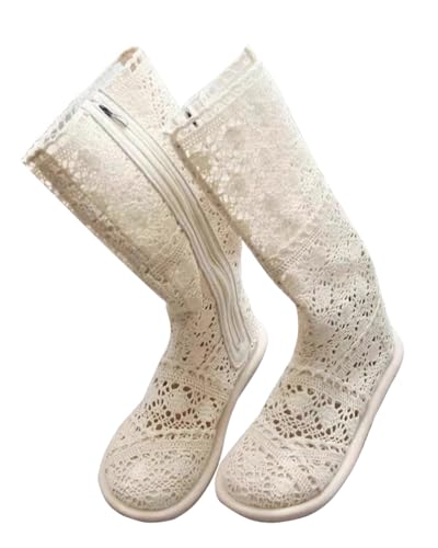 Minetom Damen Sommer Herbst Stiefel Lange Hohl Spitze Boots Reißverschluss Flache Sommerstiefel Bequem Schuhe A Beige 38 EU von Minetom