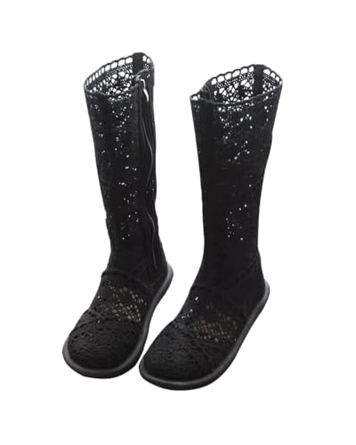 Minetom Damen Sommer Herbst Stiefel Lange Hohl Spitze Boots Reißverschluss Flache Sommerstiefel Bequem Schuhe A Schwarz 36 EU von Minetom