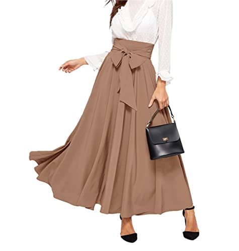 Minetom Damen Sommer Hohe Taille Maxirock Langer A-Linie Swing Rock Bogen Chiffonrock Einfarbige Faltenrock Maxi Skirt A Braun S von Minetom