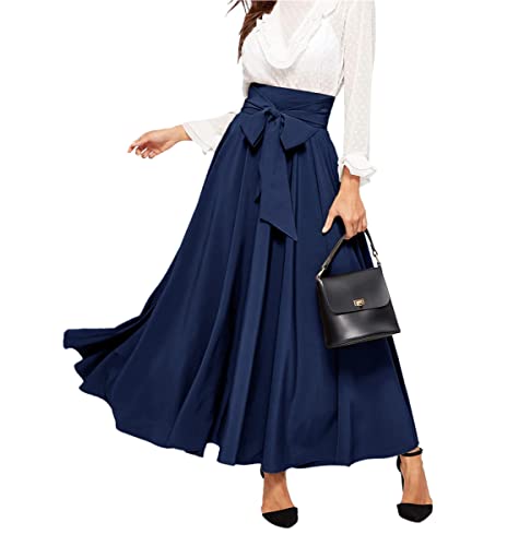 Minetom Damen Sommer Hohe Taille Maxirock Langer A-Linie Swing Rock Bogen Chiffonrock Einfarbige Faltenrock Maxi Skirt A Marine XL von Minetom