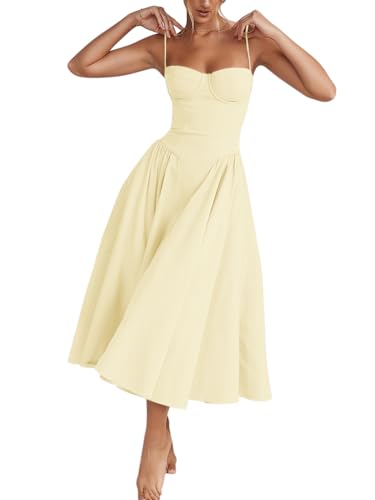Minetom Damen Sommer Kleid Ärmellose Boot Hals Korsett Bustier Midi Kleid Hochzeit Cocktail Brautkleid Spaghetti Langes Kleider Prinzessin Brautjungfer Kleid A1 Gelb S von Minetom
