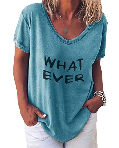 Minetom Damen Sommer Kurzarm Blusen T-Shirt V-Ausschnitte Casual Loose Oversize Shirt Einfarbig Casual Brief Bedruckt Asymmetrisch Oberteile Top C Blau DE 46 von Minetom