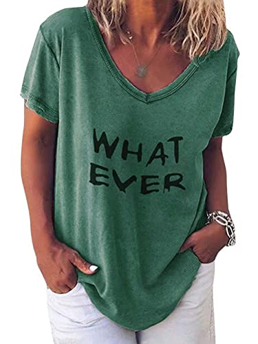 Minetom Damen Sommer Kurzarm Blusen T-Shirt V-Ausschnitte Loose Oversize Shirt Einfarbig Casual Brief Bedruckt Asymmetrisch Oberteile Top C Grün DE 36 von Minetom