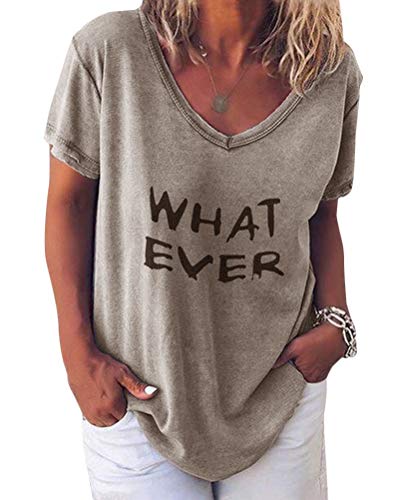 Minetom Damen Sommer Kurzarm Blusen T-Shirt V-Ausschnitte Loose Oversize Shirt Einfarbig Casual Brief Bedruckt Asymmetrisch Oberteile Top C Kaffee DE 46 von Minetom