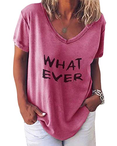 Minetom Damen Sommer Kurzarm Blusen T-Shirt V-Ausschnitte Loose Oversize Shirt Einfarbig Casual Brief Bedruckt Asymmetrisch Oberteile Top C Rosa DE 42 von Minetom