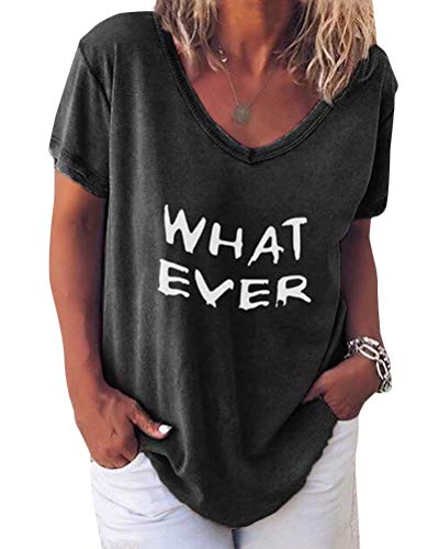 Minetom Damen Sommer Kurzarm Blusen T-Shirt V-Ausschnitte Loose Oversize Shirt Einfarbig Casual Brief Bedruckt Asymmetrisch Oberteile Top C Schwarz DE 48 von Minetom